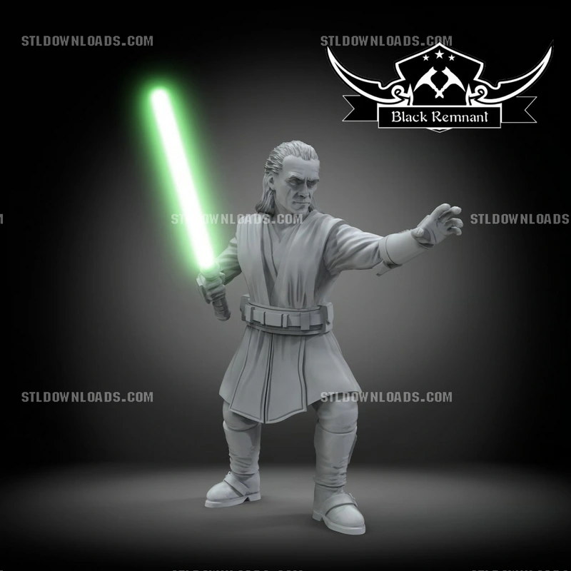 Cin Drallig Star Wars character statue holding a green lightsaber