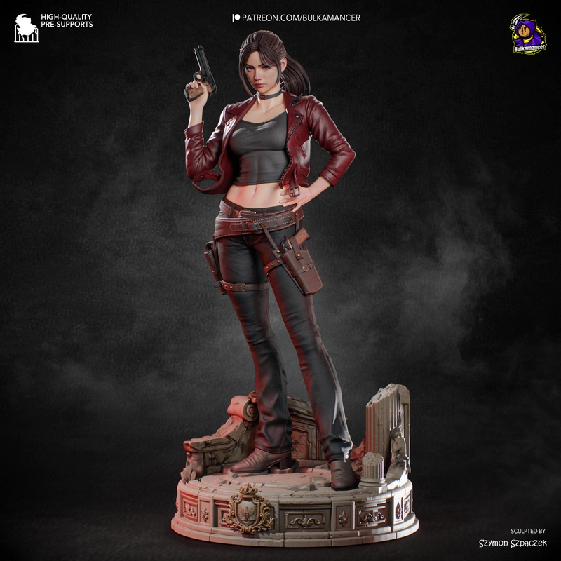 Claire Redfield Resident Evil 3D model with handgun and display base