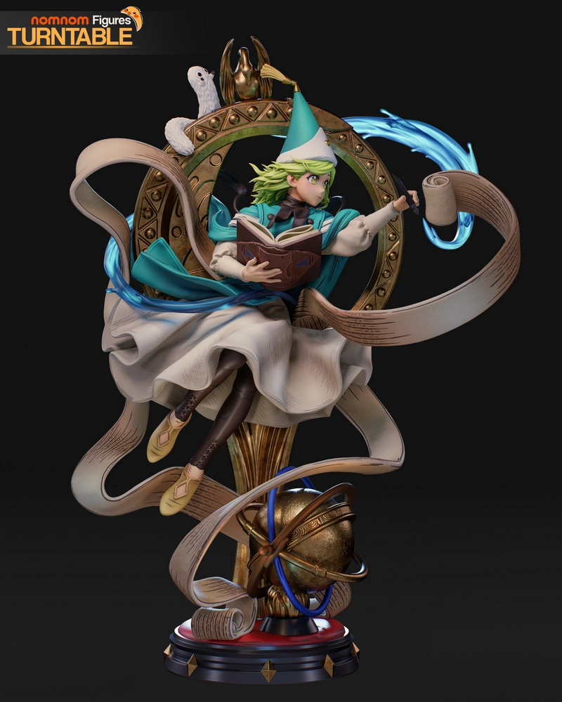 Coco from Witch Hat Atelier wearing a teal hat and holding an open book