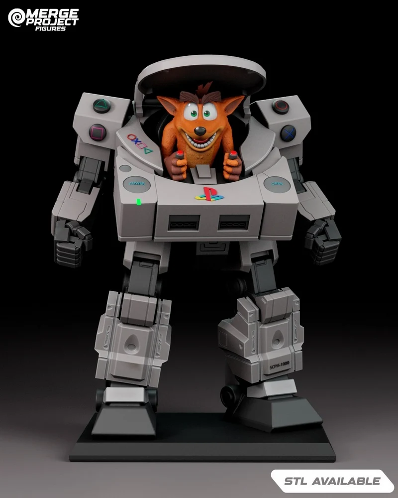 Crash Bandicoot seated in a console-themed humanoid mech statue