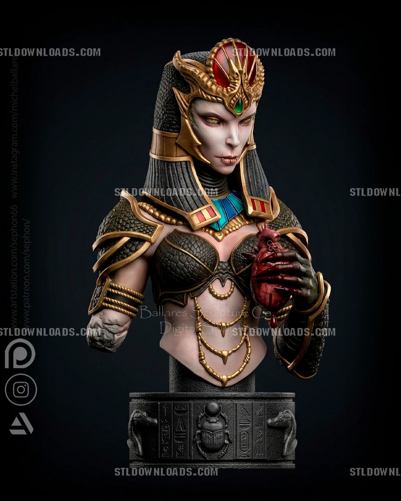 Sobek fantasy character bust with ornate crown, scale armor, heart, and Egyptian-style pedestal