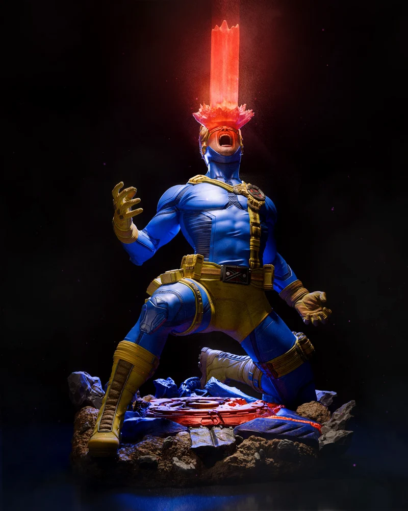 Marvel Cyclops statue in a blue and yellow suit with a red optic beam