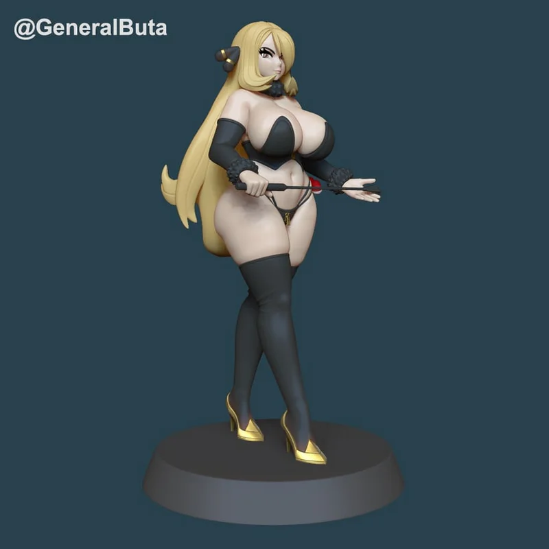 Cynthia from Pokémon as a stylized full-body 3D figurine on a round base