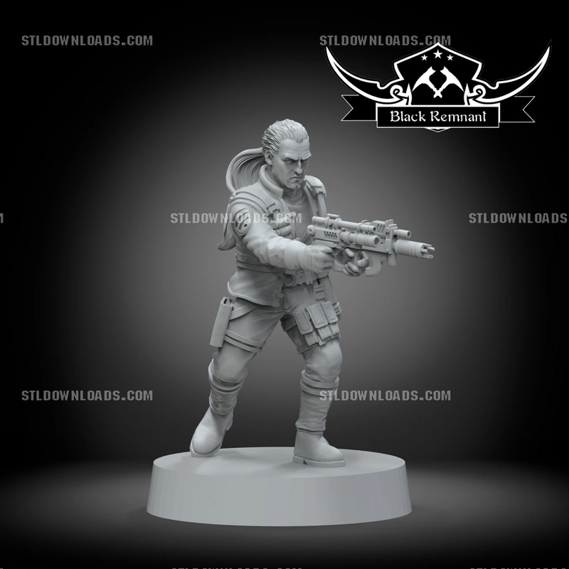 Dass Jennir Star Wars character statue holding a blaster on a round base