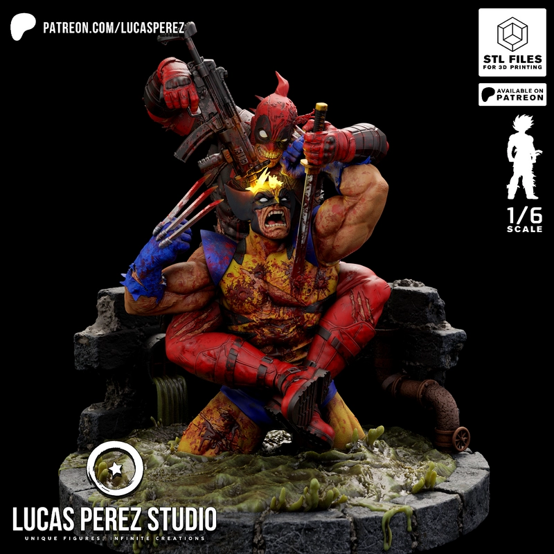 Deadpool and Wolverine stacked Marvel statue on a rocky diorama base