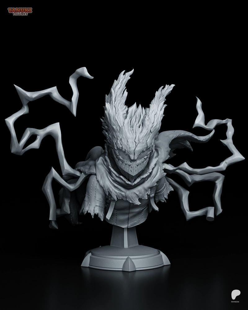 Deku My Hero Academia bust with spiky hair, scarf, energy forms, and display pedestal