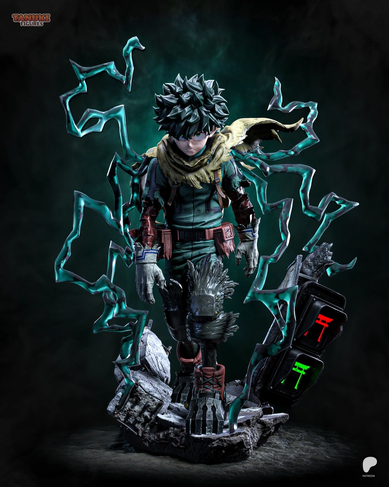 Deku My Hero Academia statue with turquoise energy effects and rocky base