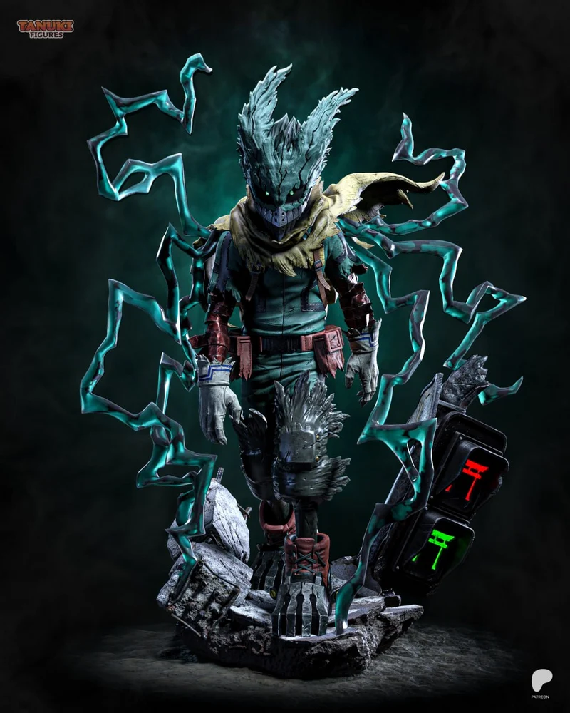 Deku My Hero Academia 3D model with teal energy effects and rocky base