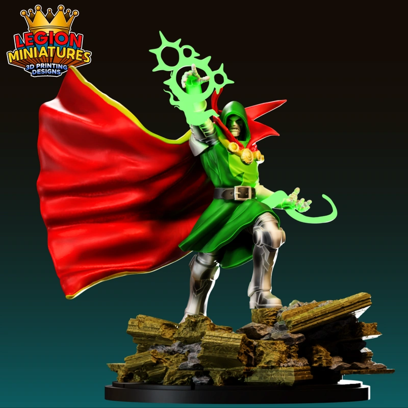 Doctor Doom Sorcerer Supreme statue with red cape and green magical effect