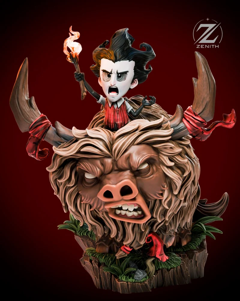 Wilson riding a shaggy Beefalo with a torch in a detailed Don't Starve 3D sculpt