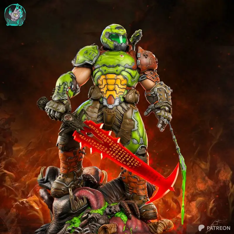 Doom Slayer in green armor holding a red blade above defeated demons