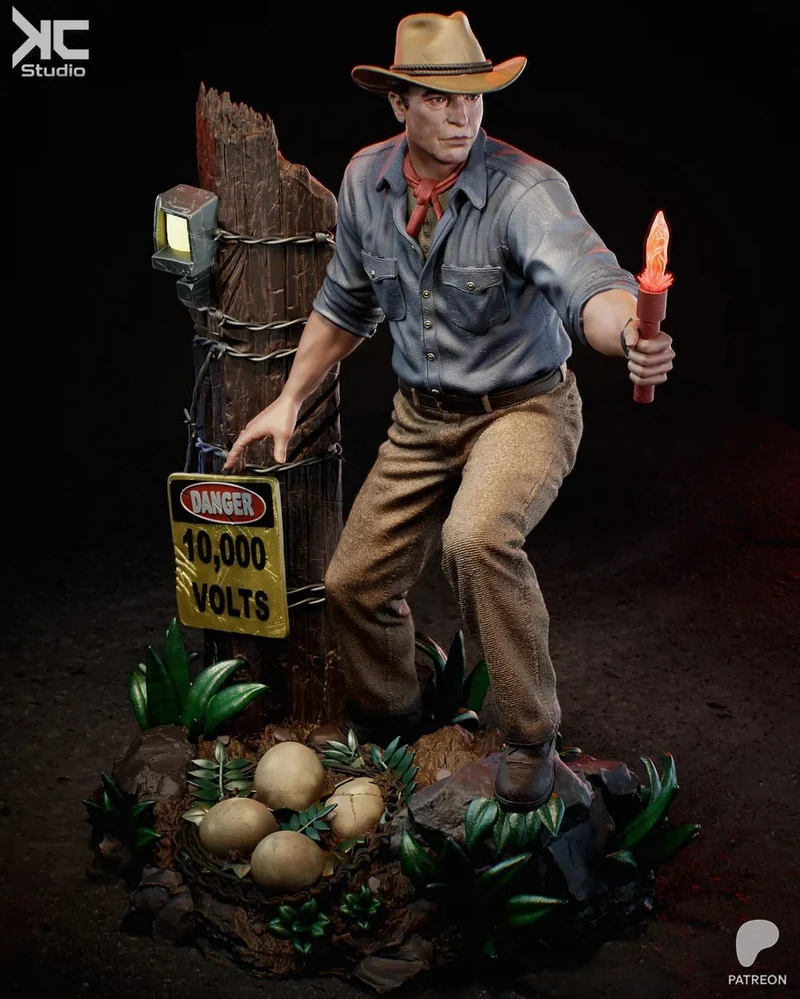 Indiana Jones character statue holding a flaming torch beside a warning sign on a jungle diorama base