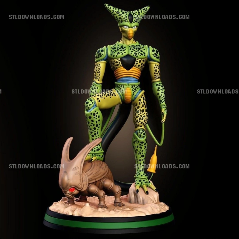 Cell from Dragon Ball STL statue with a spotted green body and rocky display base