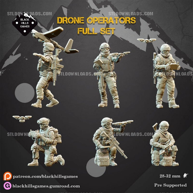 Original character drone operator miniatures with tactical gear, rifles, and quadcopters