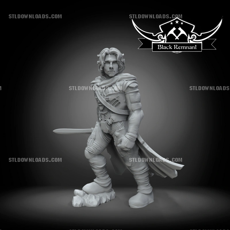 Paul Atreides Dune 3D model wearing armor with a sword and scarf