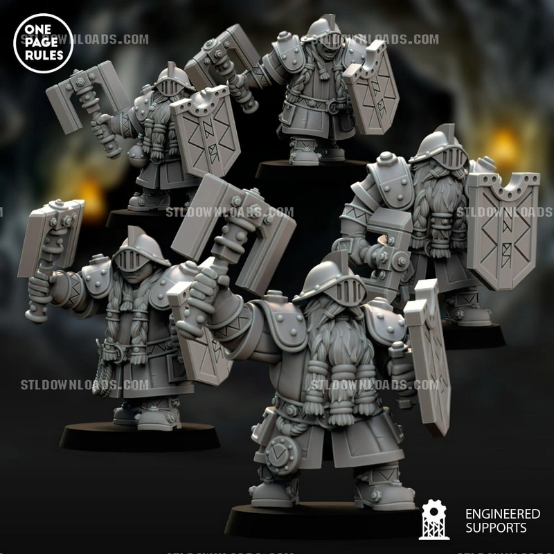Bearded fantasy veteran warriors with shields and hammers