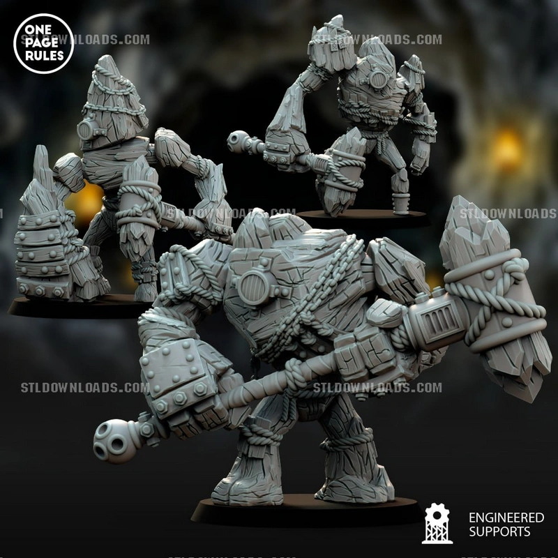 Coal golem fantasy miniatures with rope bindings, armor, and heavy weapons