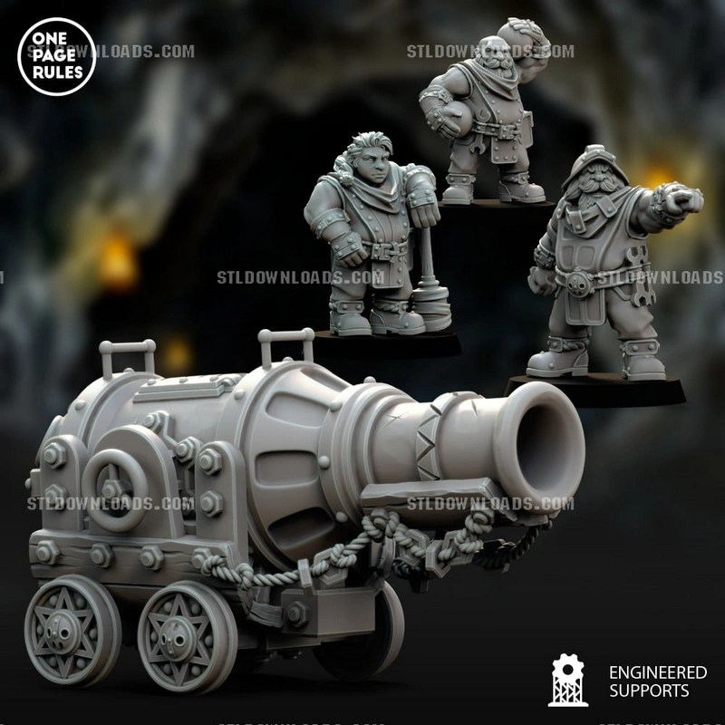Fantasy dwarf artillery cannon with armored wheeled carriage and three dwarf crew figures