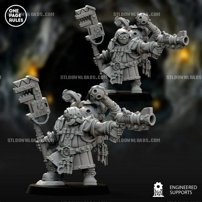 Fantasy dwarf engineer miniature with goggles, armor, firearm, and toothed mechanical tool