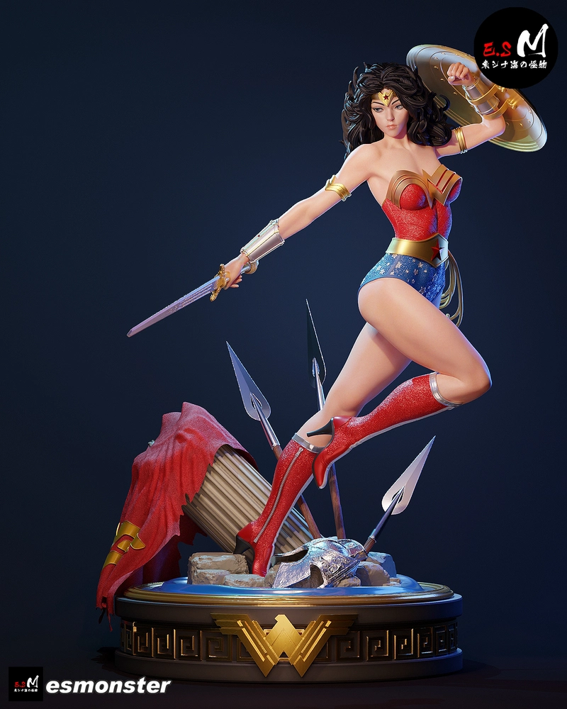 Wonder Woman statue with sword, shield, armor, and display base