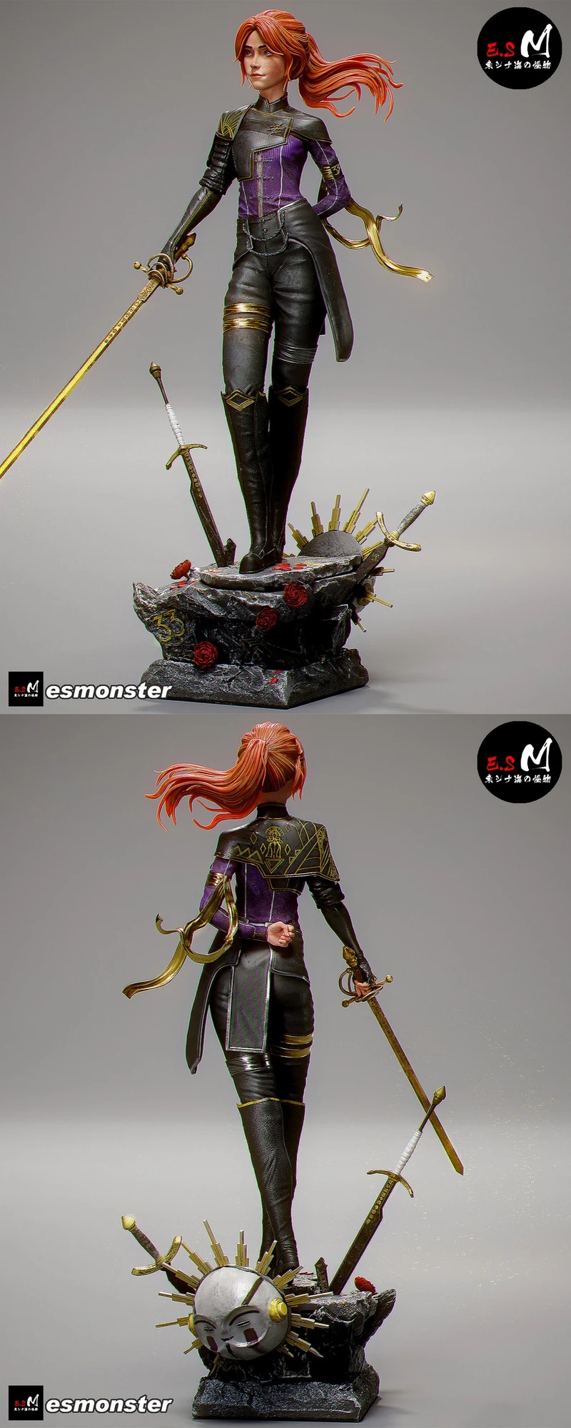 Maelle fantasy warrior statue with red hair, swords, armor and rocky display base