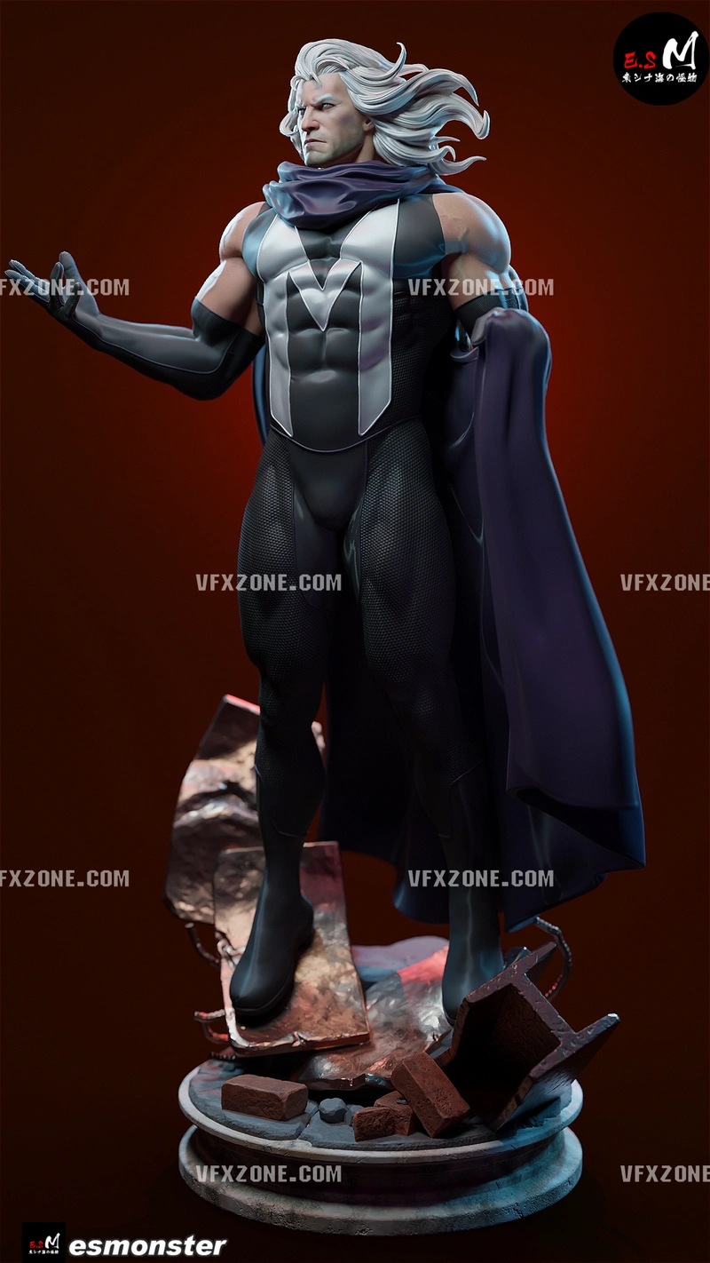 Full-body Magneto Marvel statue with silver hair, purple cape, and rubble display base