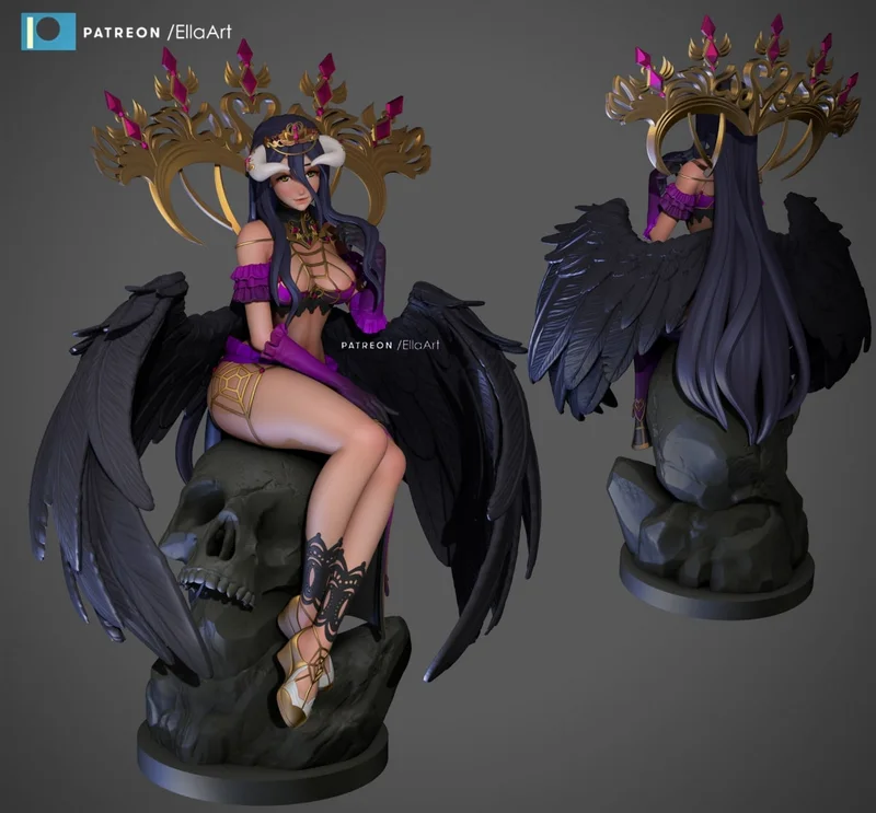 Albedo from Overlord seated with black wings, ornate crown, purple costume, and skull pedestal