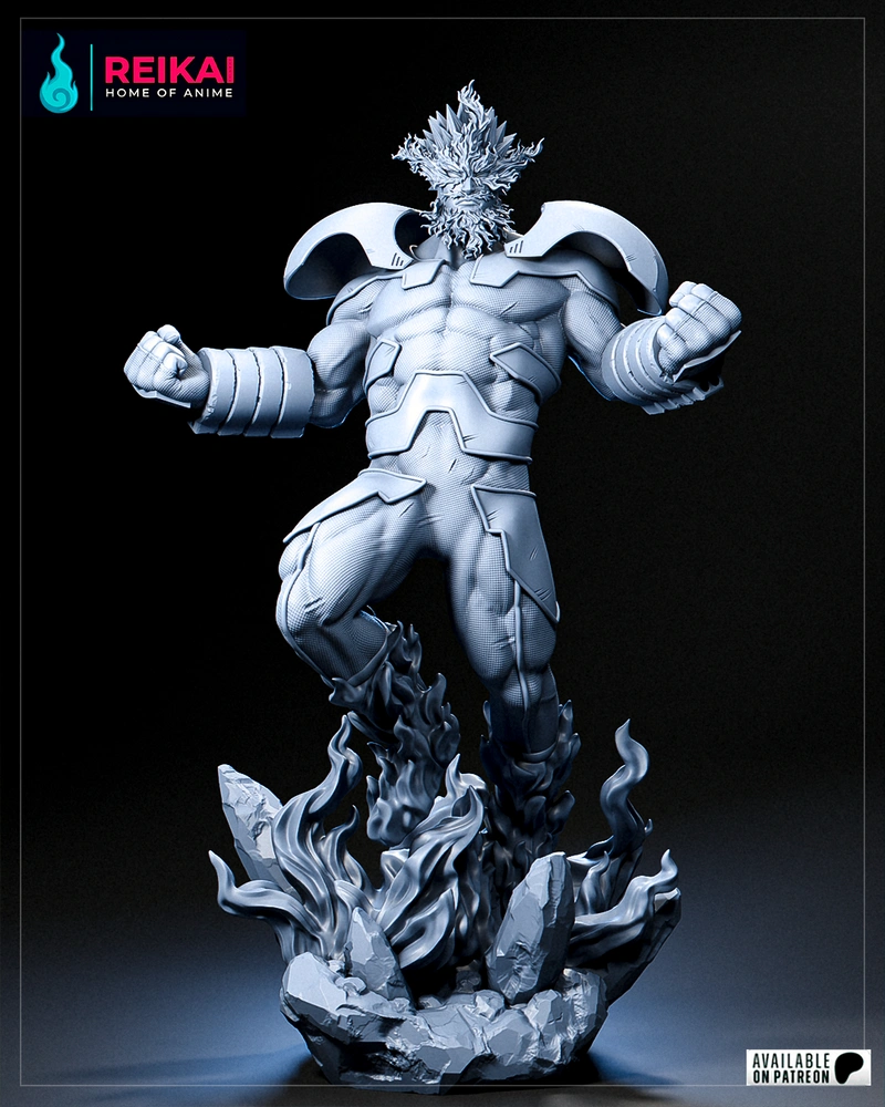 Endeavor from My Hero Academia in armor with flames and a rocky base