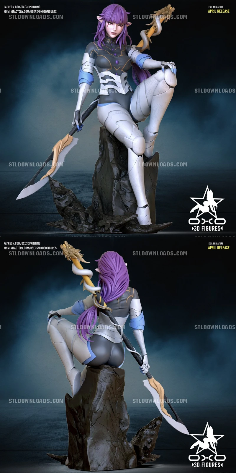 Esil from Solo Leveling seated on a rock base with purple hair, armor, and a curved weapon