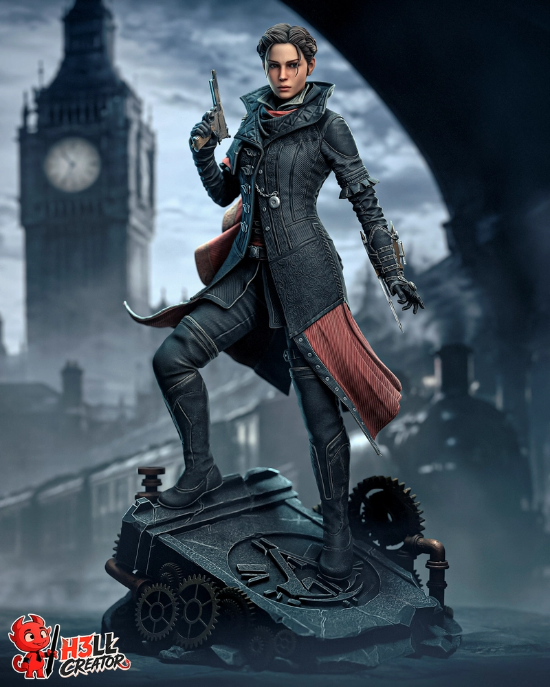 Evie Frye character statue in a dark coat on a mechanical display base