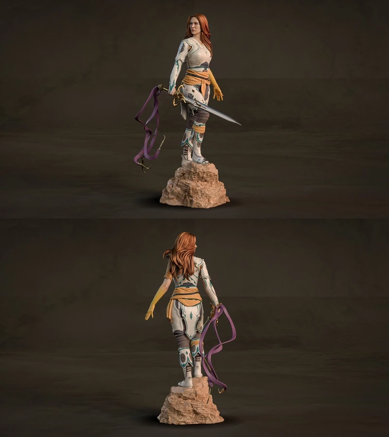 Faye from God of War 3D statue with sword, bow, armor, and rocky base