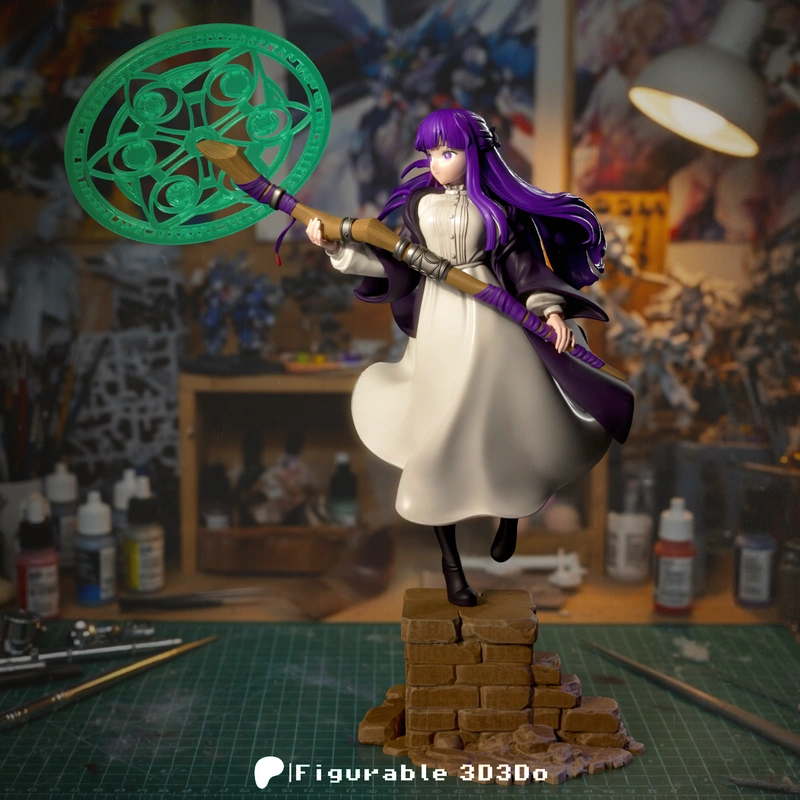 Fern from Frieren holding a staff with a circular magical design