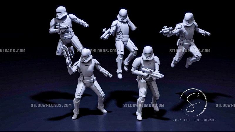 Five First Order Jet Troopers in white armor, posed with blasters and airborne movement