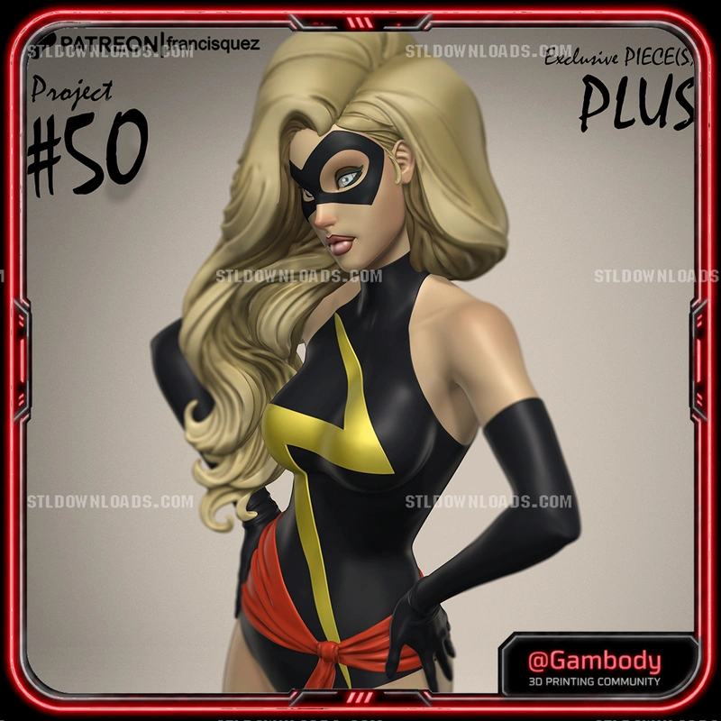 Ms. Marvel-style blonde superhero bust with black mask, yellow emblem, gloves, and red sash