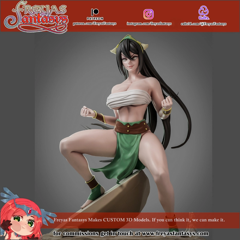 Stylized female character statue with long black hair, green clothing, and gold accents
