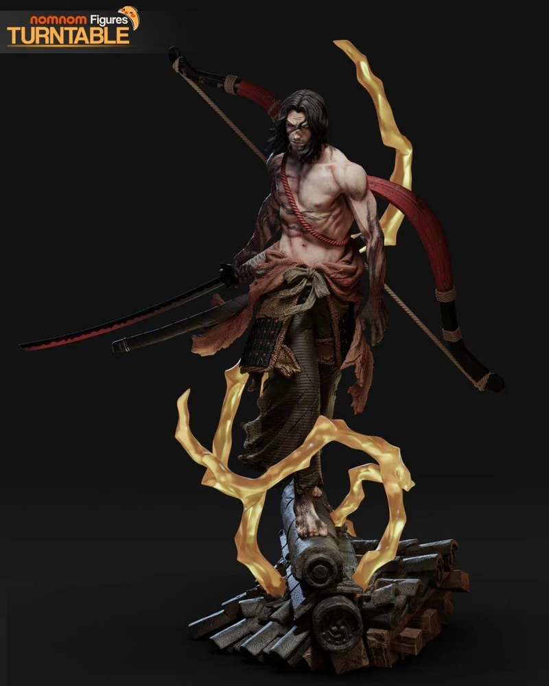 Genichiro Ashina Sekiro 3D statue with sword, bow, and lightning effects