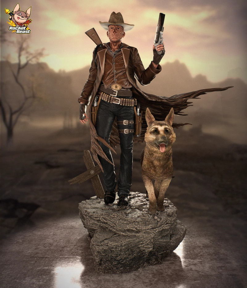 Fallout ghoul cowboy statue with revolver, dog companion, and rocky base