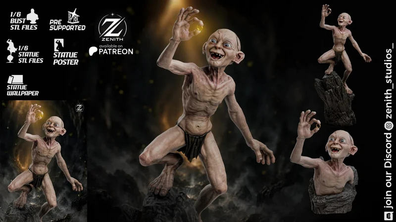 Gollum 3D model with a crouching full-body statue and bust presentation
