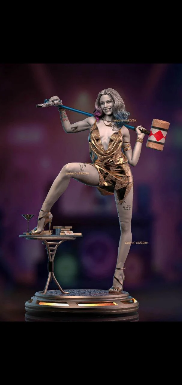 Stylized female character statue with a mallet on a layered display base