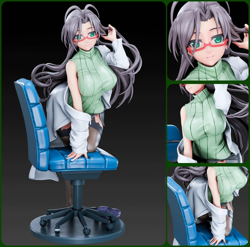 Chisato Hasegawa figurine seated on a blue office chair