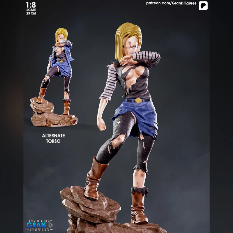 Android 18 Dragon Ball figure with blonde hair, torn clothing, boots, and rocky base