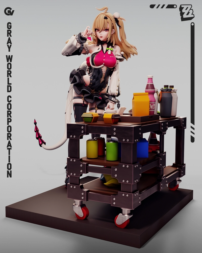 Cissia from Zenless Zone Zero behind a wheeled service cart in a character diorama