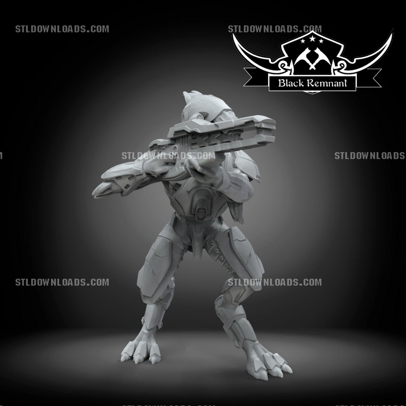Barroth Halo armored alien character holding a large rifle in a posed 3D model