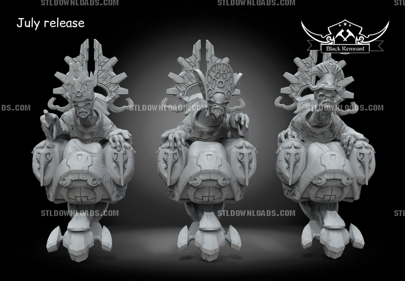 Three ornate Halo Hierarch figures seated on detailed hovering platforms
