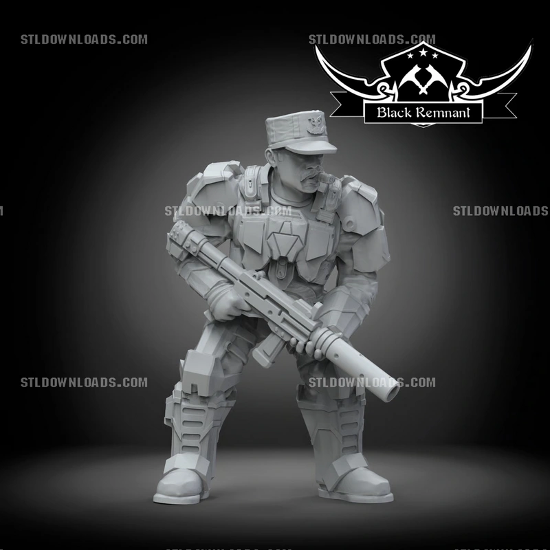 Full-body Halo soldier statue of Sergeant Major Avery Johnson holding a rifle