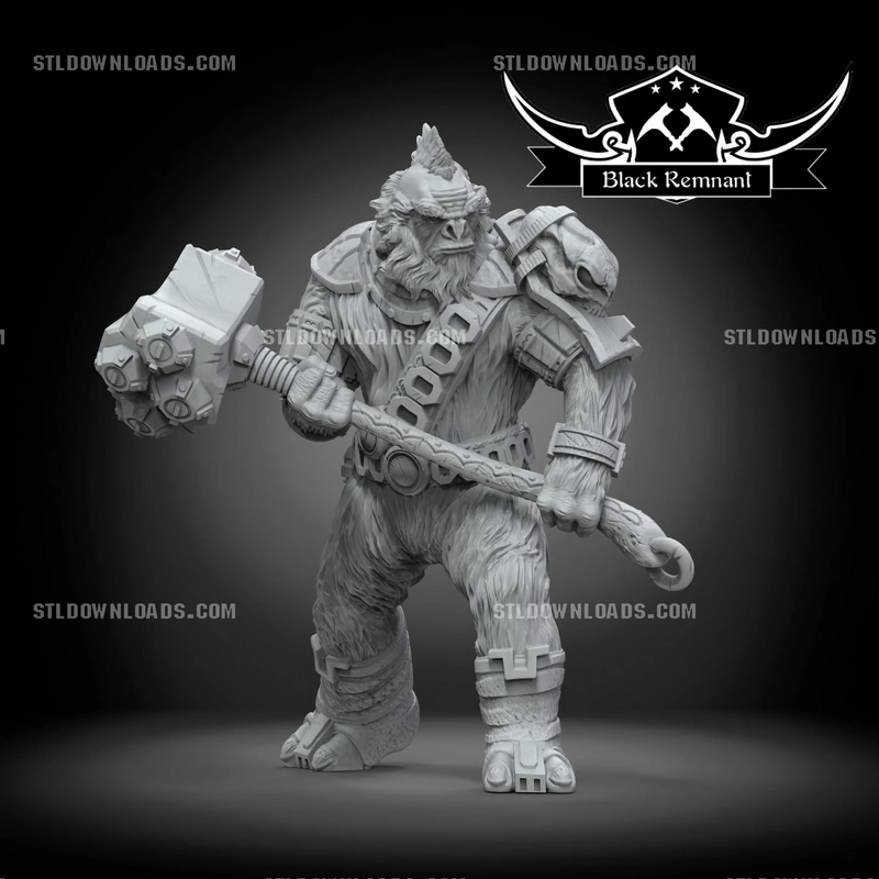 Tartarus Halo Brute character statue holding a large hammer, with fur texture and layered armor
