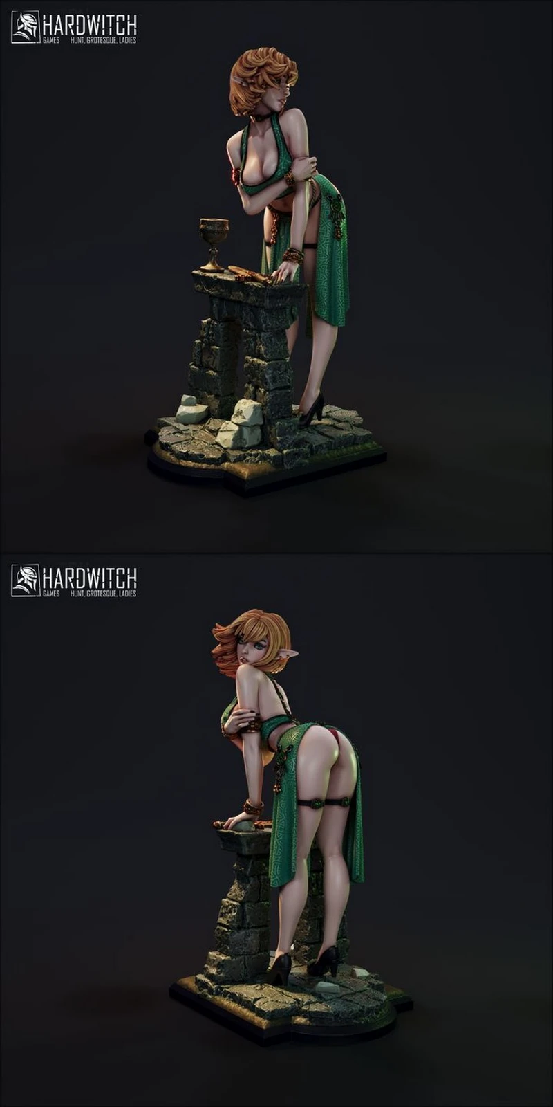 Maedel Amaria fantasy figurine leaning over a stone altar with a goblet