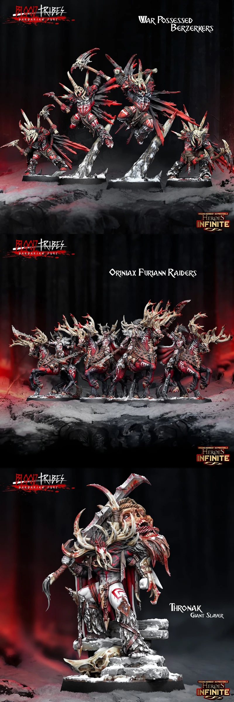 Blood Tribes Heroes Infinite horned barbarians, mounted raiders, and giant slayer miniatures