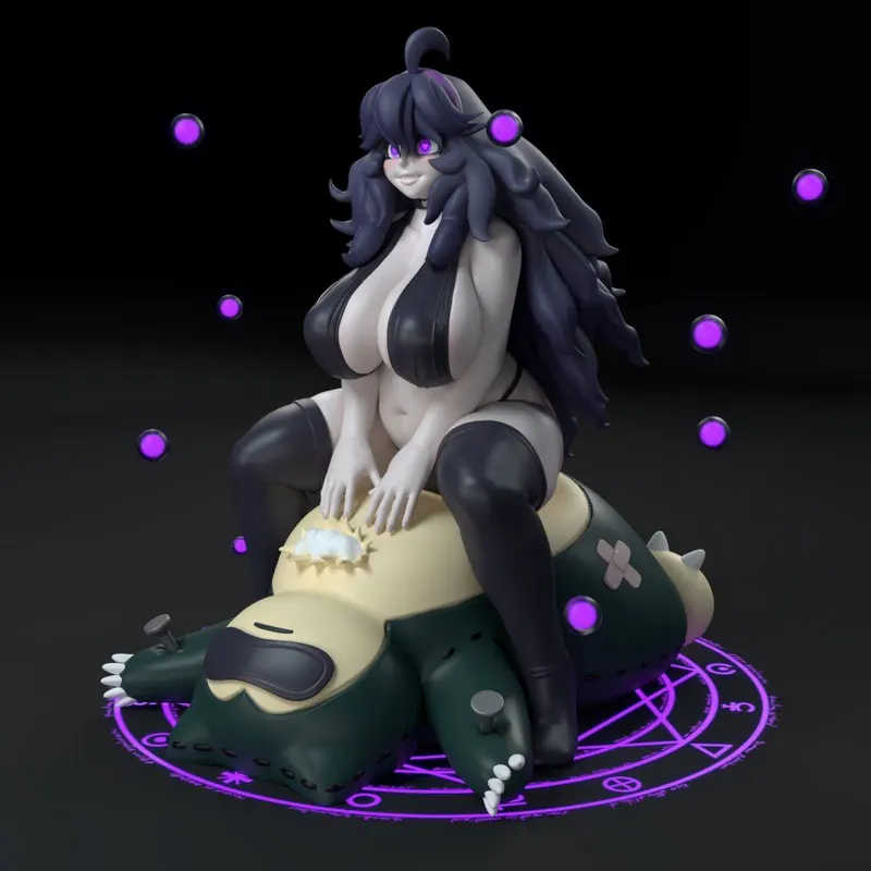 Hex Maniac Pokémon character seated on a creature with purple orbs