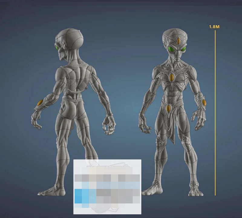 Front and rear views of a slender alien leader 3D model with green eyes